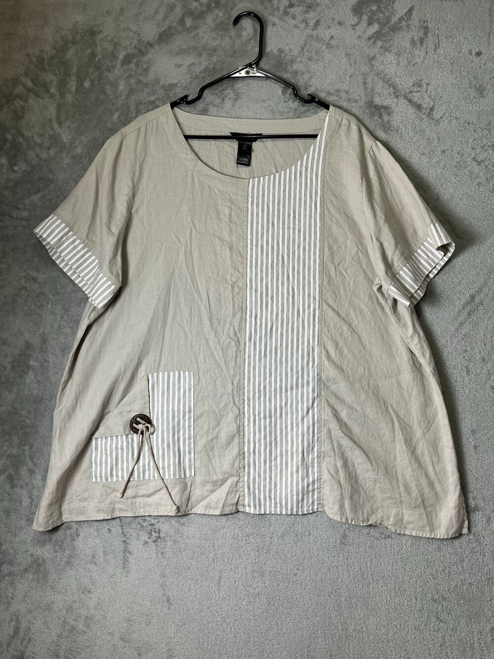 Ali Miles 2X Linen Cotton Striped Patchwork Tunic Top Artsy Lagenlook Boho